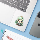 Schattige Meisje Glimlachende Groene Kawaii Kerstb Sticker (Laptop met iPhone)