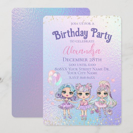 Schattige Meisje Glitter Dolls Holografisch Verjaa Kaart (Voorkant / Achterkant)