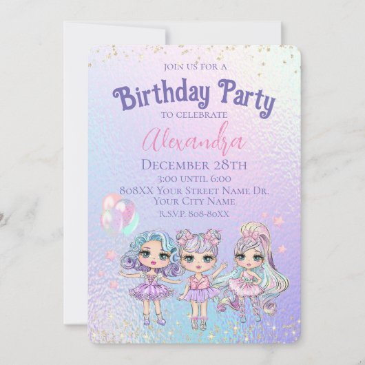 Schattige Meisje Glitter Dolls Holografisch Verjaa Kaart (Voorkant)