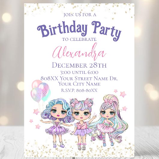Schattige Meisje Glitter Dolls Verjaardagsfeestje Kaart