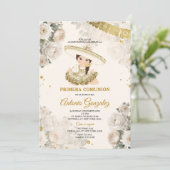 Schattige Meisje Goud Wit Cream Bloem Primera Comu Kaart (Staand voorkant)