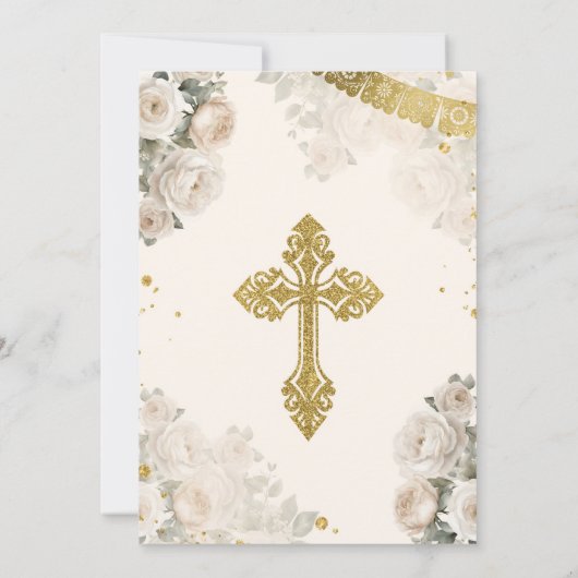 Schattige Meisje Goud Wit Cream Bloem Primera Comu Kaart (Achterkant)