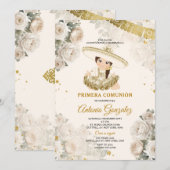 Schattige Meisje Goud Wit Cream Bloem Primera Comu Kaart (Voorkant / Achterkant)