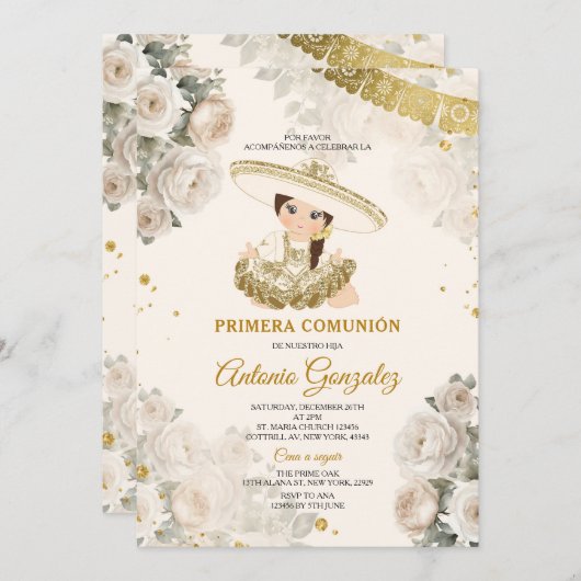 Schattige Meisje Goud Wit Cream Bloem Primera Comu Kaart (Voorkant / Achterkant)