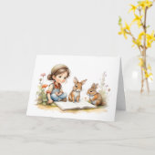 Schattige Meisje Groene Ogen Boek Konijnen Bloemen Kaart (Gele Bloem)