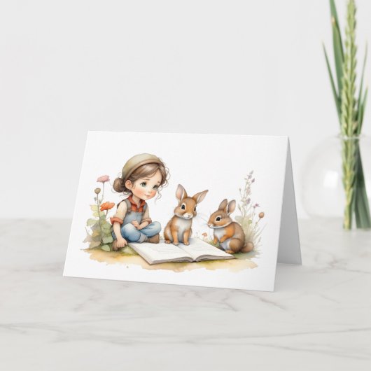 Schattige Meisje Groene Ogen Boek Konijnen Bloemen Kaart (Voorkant)
