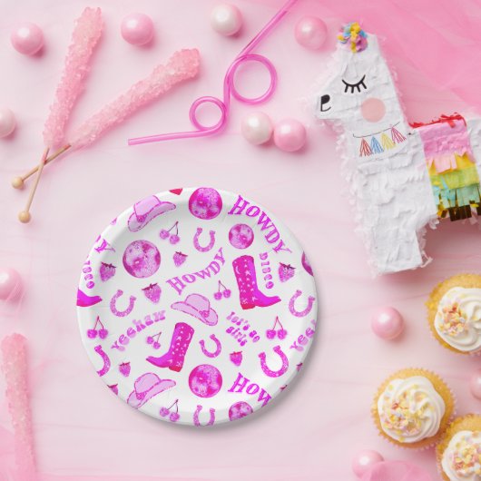 Schattige Meisje Heet Roze Disco Cowgirl Esthetisc Papieren Bordje (Feest)