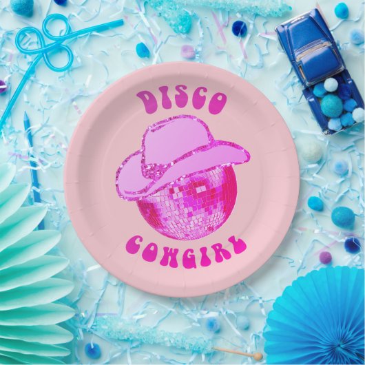 Schattige Meisje Heet Roze Disco Cowgirl Glitter Papieren Bordje (Feest)