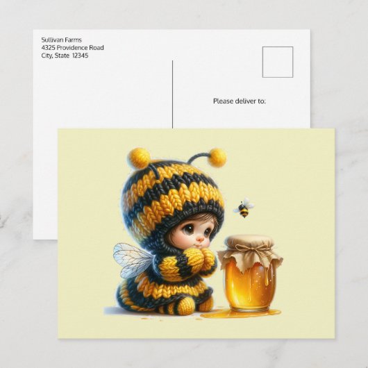 Schattige meisje in bijenkostuum met honing briefkaart (Voorkant / Achterkant)