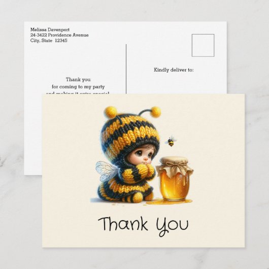 Schattige meisje in bijenkostuum met honing Dank u Briefkaart (Voorkant / Achterkant)