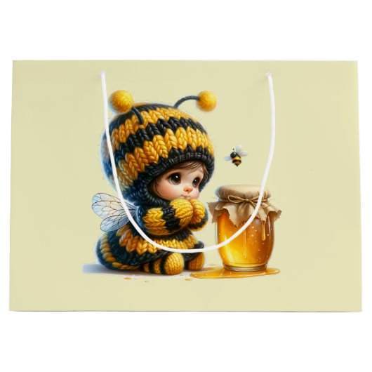 Schattige meisje in bijenkostuum met honing groot cadeauzakje (Voorkant)