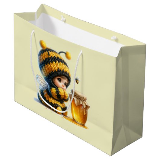 Schattige meisje in bijenkostuum met honing groot cadeauzakje (Voorkant Gekanteld)