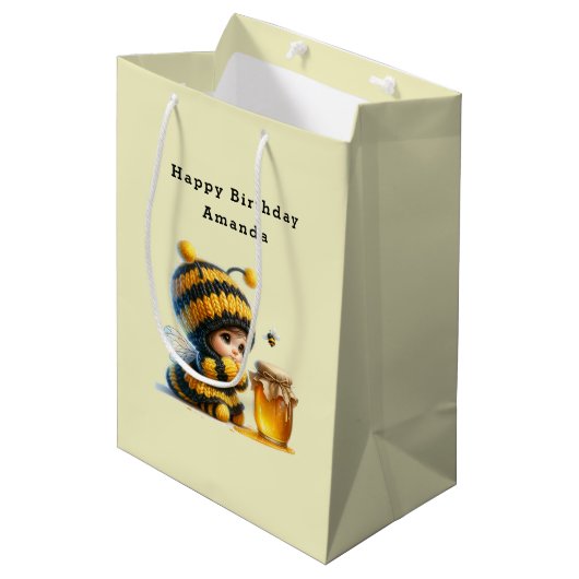 Schattige meisje in bijenkostuum met honingverjaar medium cadeauzakje (Voorkant Gekanteld)