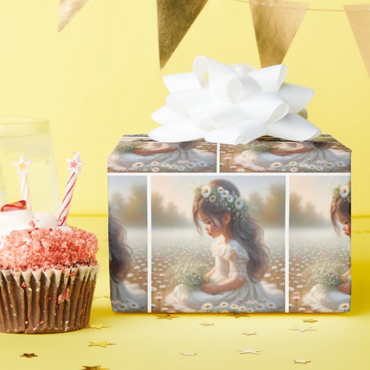 Schattige Meisje In Kant Jurk met Daisies Cadeaupapier (Verjaardagsfeest)