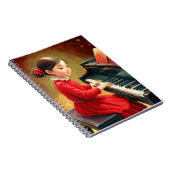 Schattige meisje in rode jurk die piano speelt notitieboek (Rechterzijde)