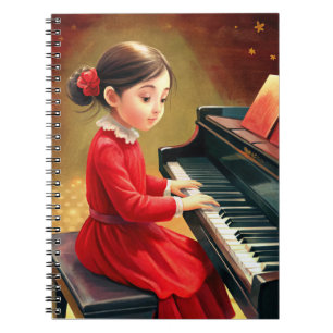 Schattige meisje in rode jurk die piano speelt notitieboek