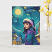 Schattige Meisje Kerst Kaart - Personaliseer (Gele Bloem)