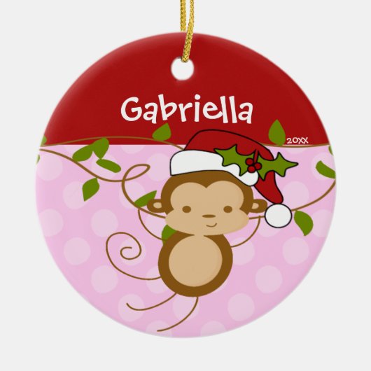 Schattige Meisje Kerst Ornament Aap Roze Rood (Voorkant)