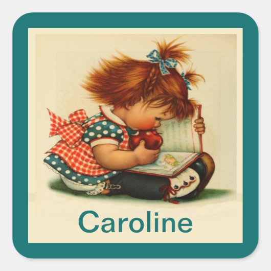 Schattige Meisje lezen van een Boek met Naam Stick Vierkante Sticker (Voorkant)