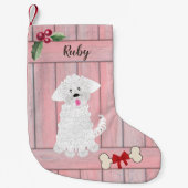 Schattige meisje maltese roze houten hek monogram kleine kerstsok (Voorkant)