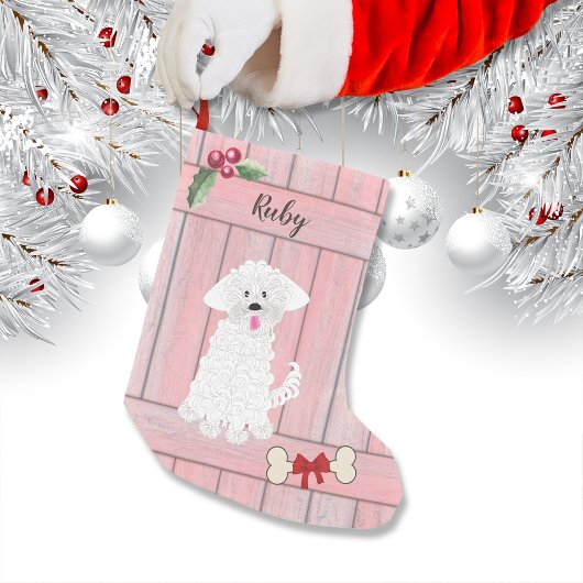Schattige meisje maltese roze houten hek monogram kleine kerstsok