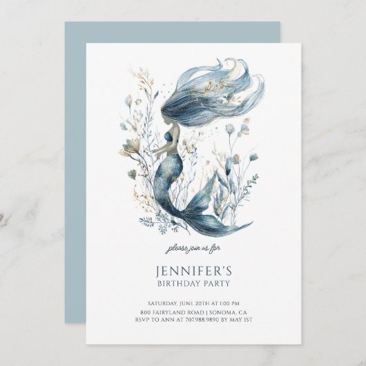 Schattige Meisje Mermaid Verjaardagsfeestje Uitnod Kaart (Voorkant / Achterkant)