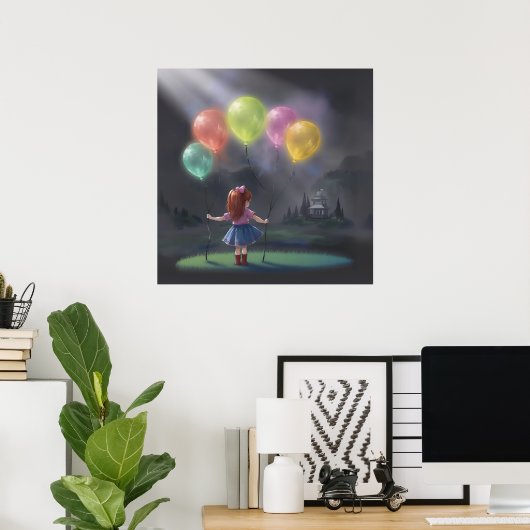 Schattige meisje met ballonnen poster (Thuiskantoor)