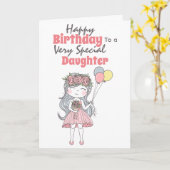 Schattige meisje met ballonnen speciale verjaardag kaart (Gele Bloem)