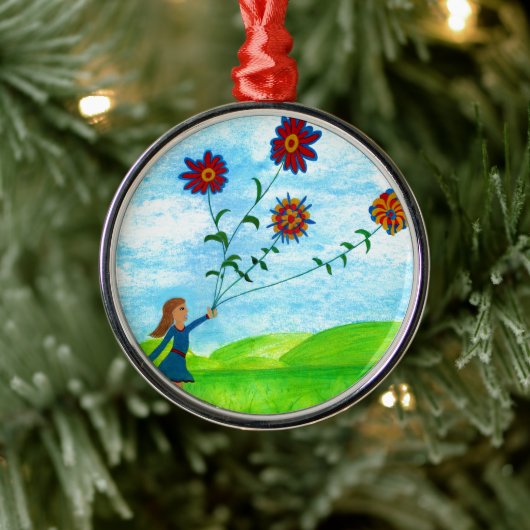 Schattige meisje met bloemen retro metalen ornament (Boom)