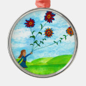Schattige meisje met bloemen retro metalen ornament (Voorkant)