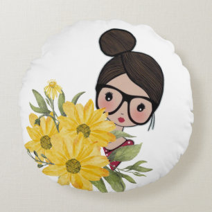 Schattige meisje met bril en zonnebloemen Sierkuss Rond Kussen