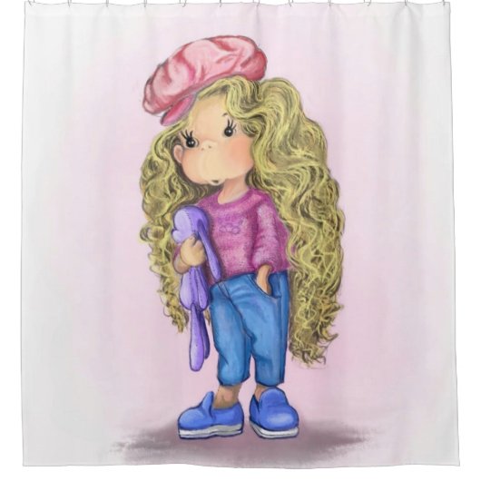 Schattige Meisje met Bunny Speelgoed Douchegordijn (Voorkant)