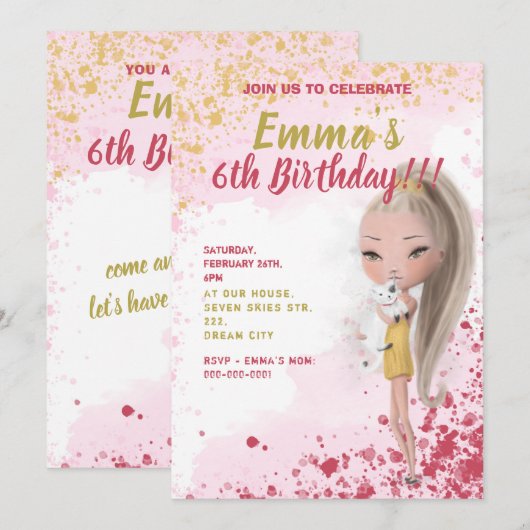 Schattige meisje met een kat waterverf kind aankondiging (Voorkant / Achterkant)