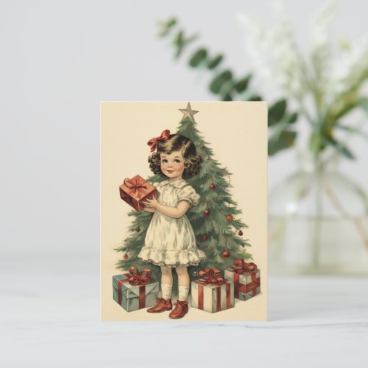 Schattige meisje met geschenken Mid-Century Style Feestdagenkaart (Staand voorkant)