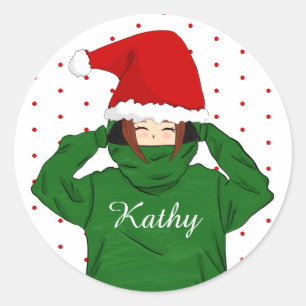 Schattige Meisje met Groene Hoodie Santa Hat Chris Ronde Sticker