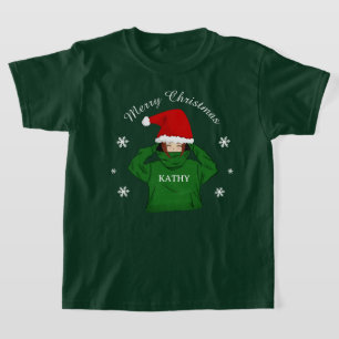 Schattige Meisje met Groene Hoodie Santa Hat Chris T-shirt