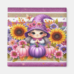 Schattige meisje met Pet met kleurrijke bloemen, p Magneet