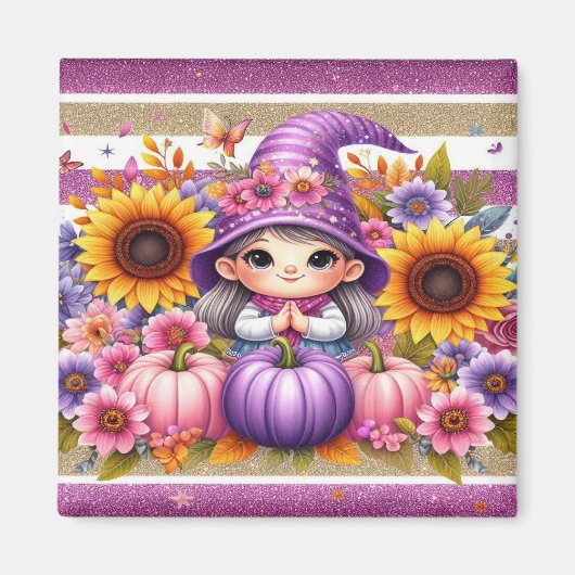 Schattige meisje met Pet met kleurrijke bloemen, p Magneet (Voorkant)