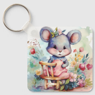 SCHATTIGE MEISJE MUIS MET BLOEMEN KINDERKAMER MOTI SLEUTELHANGER