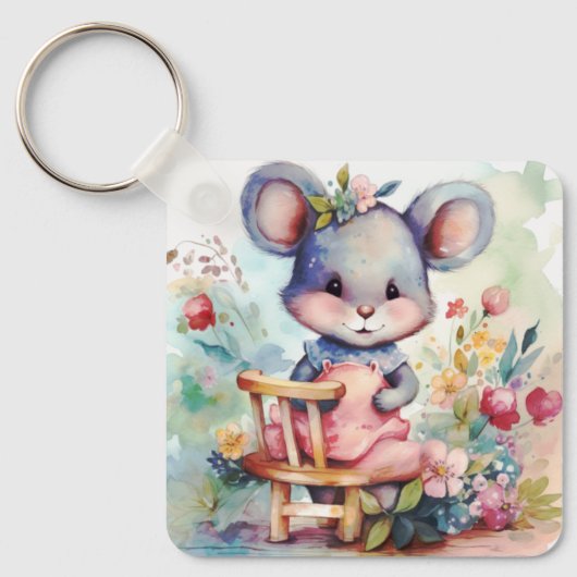 SCHATTIGE MEISJE MUIS MET BLOEMEN KINDERKAMER MOTI SLEUTELHANGER (Voorkant)