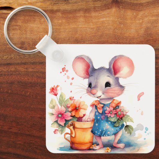 SCHATTIGE MEISJE MUIS MET KLEURRIJKE BLOEMEN MOTIV SLEUTELHANGER (Voorkant)