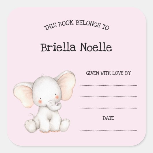 Schattige meisje olifant baby shower bookplate vierkante sticker (Voorkant)
