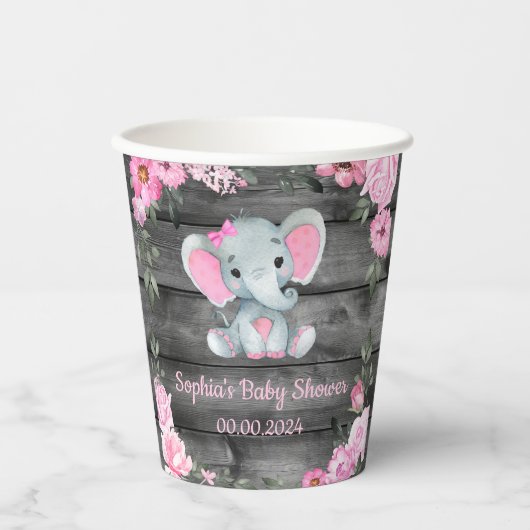 Schattige Meisje Olifant Bloemen Baby shower Papie Papieren Bekers (Voorkant)