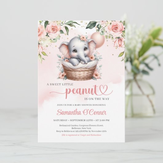 Schattige meisje olifant in bloemenmand en ballon kaart (Staand voorkant)