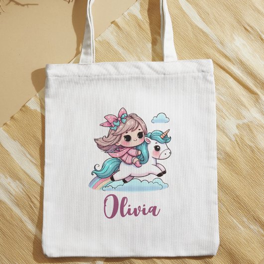 Schattige meisje op eenhoorn tote bag