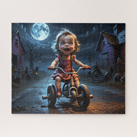 Schattige meisje op fiets horror fantasie legpuzzel (Horizontaal)