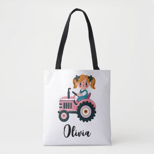 Schattige Meisje op Roze Tractor Gepersonaliseerd Tote Bag (Voorkant)