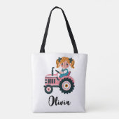 Schattige Meisje op Roze Tractor Gepersonaliseerd Tote Bag (Achterkant)