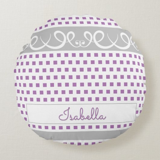 Schattige Meisje Paarse Polka Dots & Swirls Script Rond Kussen (Voorkant)