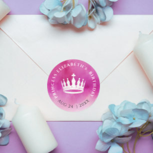 Schattige Meisje Prinses Kroon Roze Wit Waterverf Ronde Sticker